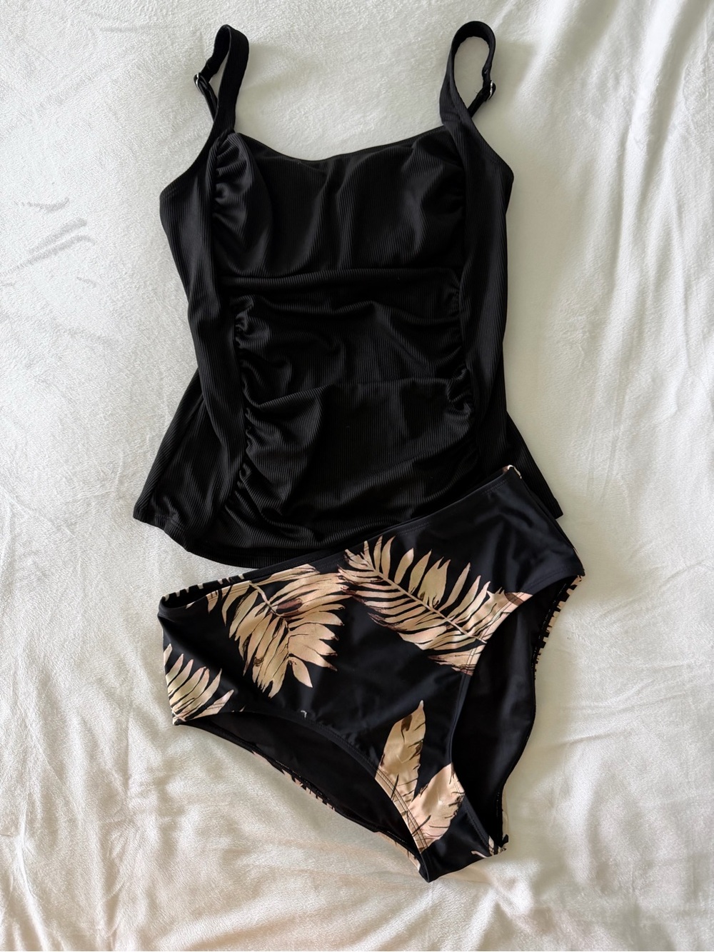 Cupshe Black Tankini with Tan Palm-Print High-Waist Bottoms
